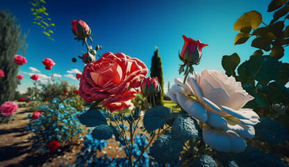 red rose in the sky, red rose petals, flower in the sky, orange flower on sky background, flower garden