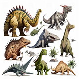 Fototapeta Dinusie - set of Dinosaurs, white background, Made by AI,Artificial intelligence