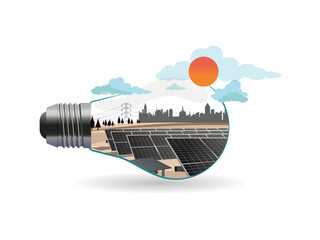 Wall Mural - The energy of the future: A photovoltaic plant with solar panels transforms the sun's rays into usable electrical energy on the ground and in the background trees, electricity grid and silhouette of b