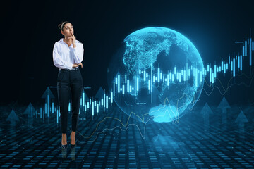 Wall Mural - Thoughtful young businesswoman with abstract globe and forex chart on blurry background. Finance statistics and data Analytics. Stock exchange market, investment, finance and trading. Double exposure.