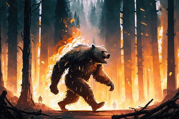 Wall Mural - bear running through burning forest, flames dancing in the background, created with generative ai