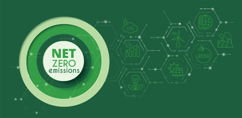 Net zero and carbon neutral concept. Hexagon banner on green background. Net zero greenhouse gas emissions target. Vector illustration.