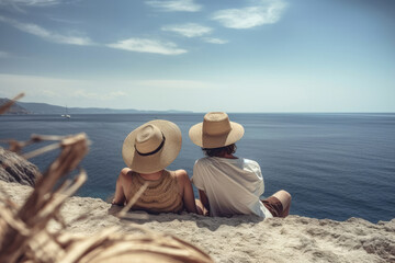 Wall Mural - Couple in straw hats looking out over the beach. Generative AI