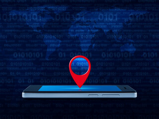 Wall Mural - Map pin point location button on modern smart mobile phone screen over world map and computer binary code blue background, Map pointer navigation online, Elements of this image furnished by NASA