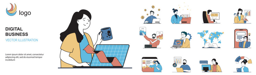 Leinwandbilder - Digital business concept with character situations collection. Bundle of scenes people developing online company, analysis data, e-commerce and earning profit. Vector illustrations in flat web design