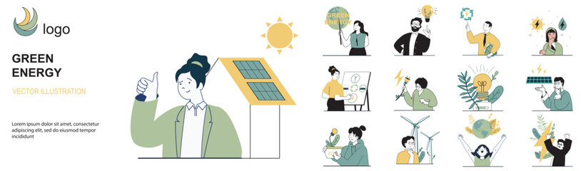 Poster - Green energy concept with character situations collection. Bundle of scenes people using alternative energy sources and take care about nature and ecology. Vector illustrations in flat web design