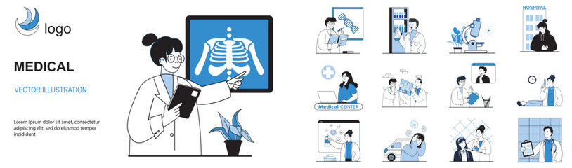 Aufkleber - Medical concept with character situations collection. Bundle of scenes people working as doctors and nurses, making lab tests, consulting patients at hospital. Vector illustrations in flat web design