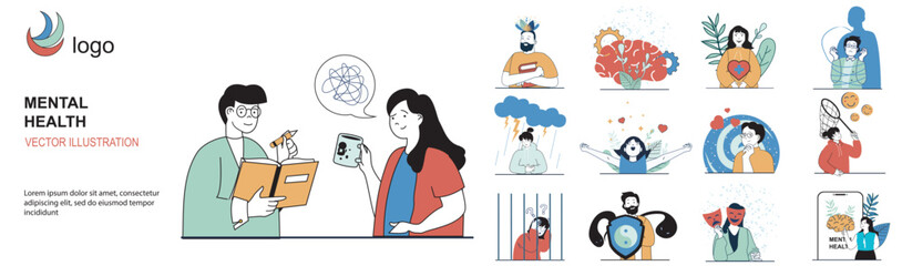 Poster - Mental health concept with character situations collection. Bundle of scenes people consult with psychologist, take care about emotional psychological problems. Vector illustrations in flat web design