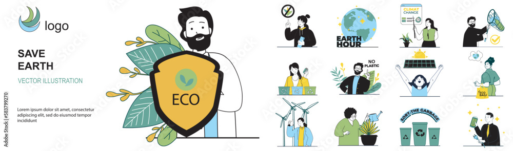 Save Earth concept with character situations collection. Bundle of ...