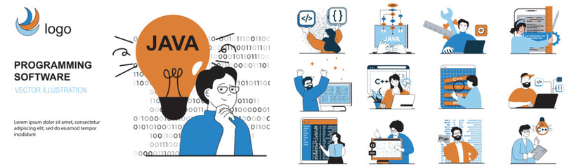 Leinwandbilder - Programming software concept with character situations collection. Bundle of scenes people working on computer and creating programs, coding and fixing code. Vector illustrations in flat web design