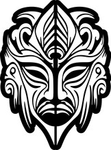 Vector Tattoo Of A Polynesian God Mask, In Black And White.