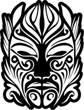 Vector Sketch Of A Black And White Polynesian God Mask Tattoo.