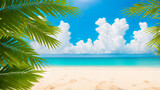 Fototapeta  - Palm leaves with beach and sky. Ideal as banner / header or wallpaper. Space for text. Copy Space, Blank Text