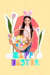 Poster - Funny picture collage banner easter theme small girl wear pink rabbit ears hold basket sweets handicraft eggs show you isolated on yellow background