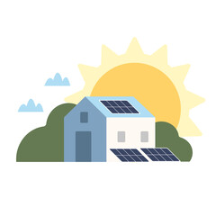 Home panels waiting for solar resource. Great shining sun as source of clean renewable energy to protect nature. Eco friendly home. Color vector graphic, flat art, cartoon illustration