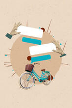 Advertisement Template Sketch Retro Collage Vintage Bicycle Transport Riding Chatting Online Messenger Telegram Bot Isolated On Beige Background