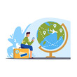 Tourist sits on his suitcase in front of travel map color 2d vector graphic. Passenger with baggage ready for trip and vacation around world. Travel abroad flat art, cartoon illustration