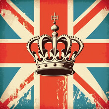 UK Royal Crown On Great Britain Flag Background, Poster In Retro Style Of The 70s. Generative AI