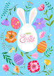 Happy Easter vector illustration on blue background. Trendy Easter design with typography, flowers, eggs in soft colors for banner, poster, greeting card.