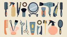 Set Of Haircut Tools, Equipment And Accessories. Hairdryer, Hairbrush, Razor, Scissors And Professional Tools For Barbershop. Hand Drawn Vector Illustration Isolated On Light Background, Flat Style.
