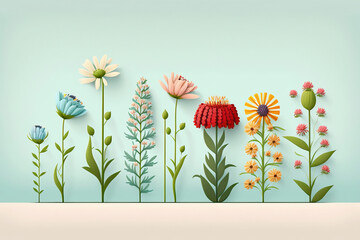 Wall Mural - Colorful summer flower row on light green background, floral design, illustration generative AI