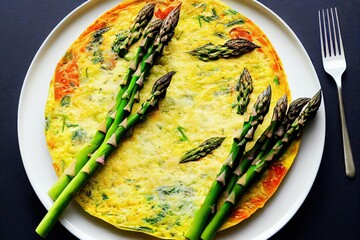 Canvas Print - Golden asparagus tart with green asparagus sprouts in egg cream filling, created with generative ai