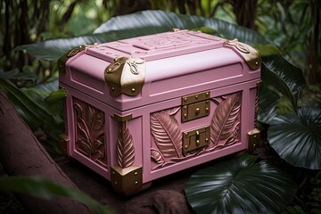 Wall Mural - chest in the jungle made of pink metal on table, created with generative ai