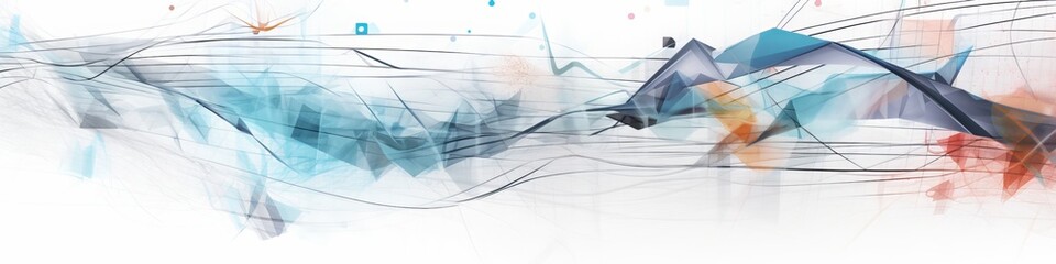 Panoramic image of abstract patterns, sound waves, network, financial, internet, nodes connecting, a white background.