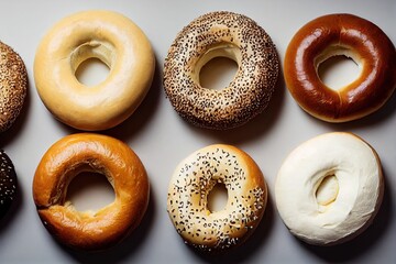 Wall Mural - Rings doughnuts in glazes on light background baked bread, created with generative ai