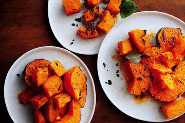 Canvas Print - Slices of delicious organic pumpkin baked butternut squash, created with generative ai