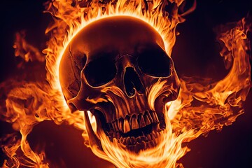 Poster - Light from blaze fire flame in shape of burning skull, created with generative ai