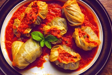 Wall Mural - Dish with delicious stuffed cabbage rolls with carrots and herbs, created with generative ai