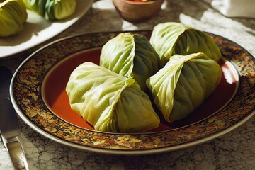 Poster - Tender green round stuffed cabbage rolls with meat are on platter on table, created with generative ai