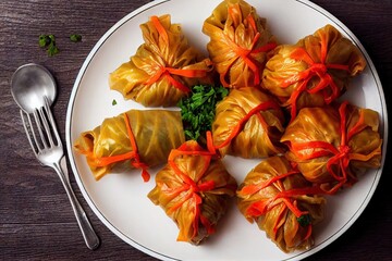 Canvas Print - Dish with delicious stuffed cabbage rolls with carrots and herbs, created with generative ai