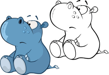 Wall Mural - Vector Illustration of a Cute Cartoon Character Hippo for you Design and Computer Game. Coloring Book Outline Set
