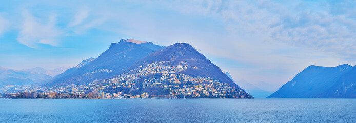 Sticker - Panorama with Monte Bre behind the Lake Lugano, Lugano, Switzerland