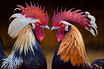 Wall Mural - two big beautiful fighting roosters with sharp beaks for cockfights, created with generative ai