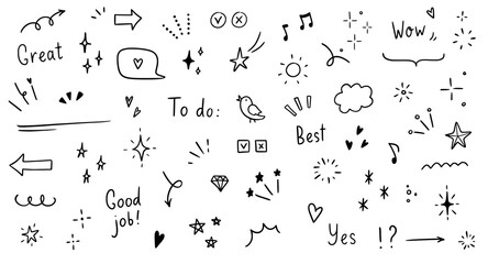 doodle cute glitter pen line elements. doodle heart, arrow, star, sparkle decoration symbol set icon