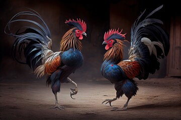 Wall Mural - two fighting roosters stand on ground in preparation for cockfights, created with generative ai