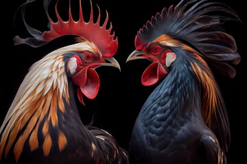 two fighting roosters caught each other's neck to participate in cockfights, created with generative ai