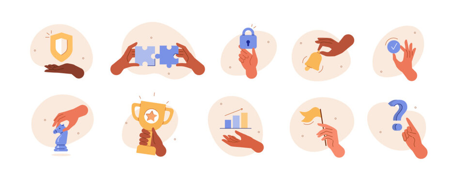 hand gestures illustration set. characters hands pointing at question mark, connecting puzzle pieces