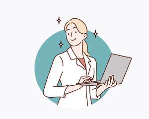 business woman with laptop in hands. Hand drawn style vector design illustrations.