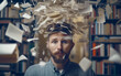 © henjon - Man with books and papers swirling around his head. Concept of learning, stress, brainstorming and information overload. Shallow field of view, artistic feel. Illustrative Generative AI.