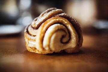 Sticker - Sweet spiral cinnamon buns with layer of caramel on table, created with generative ai