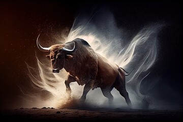 Wall Mural - bull charging at bear, with its horns ready to strike, created with generative ai