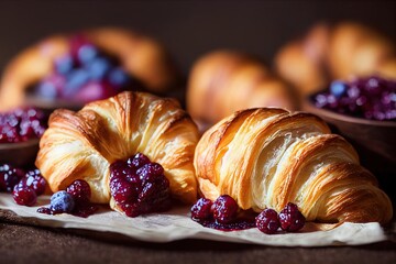 Sticker - French breakfast with coffee croissant and berries, created with generative ai