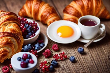 Sticker - French breakfast with coffee croissant and berries, created with generative ai