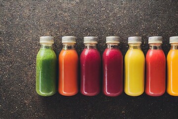 Poster - Bright multicolored bottles with detox juice for healthy dietary nutrition, created with generative ai