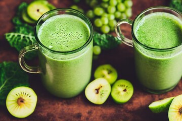 Wall Mural - Light healthy detox juice smoothie with green fruits and greens, created with generative ai