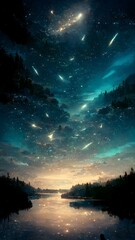 Night sky The stars shine on the silky lake  Aurora Elf l